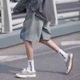 Men Jeans Retro Denim Shorts Men's Summer Washed Middle Pants Straight Wide Pants